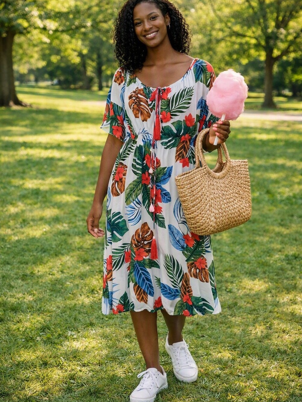 Tropical Floral Maxi Dress - White with Green & Red